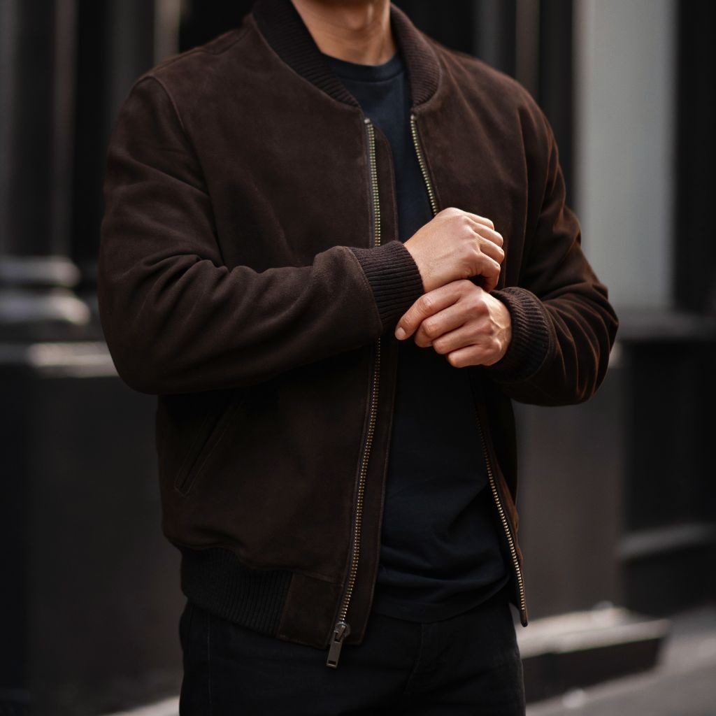 Men's Espresso Suede Bomber Jacket