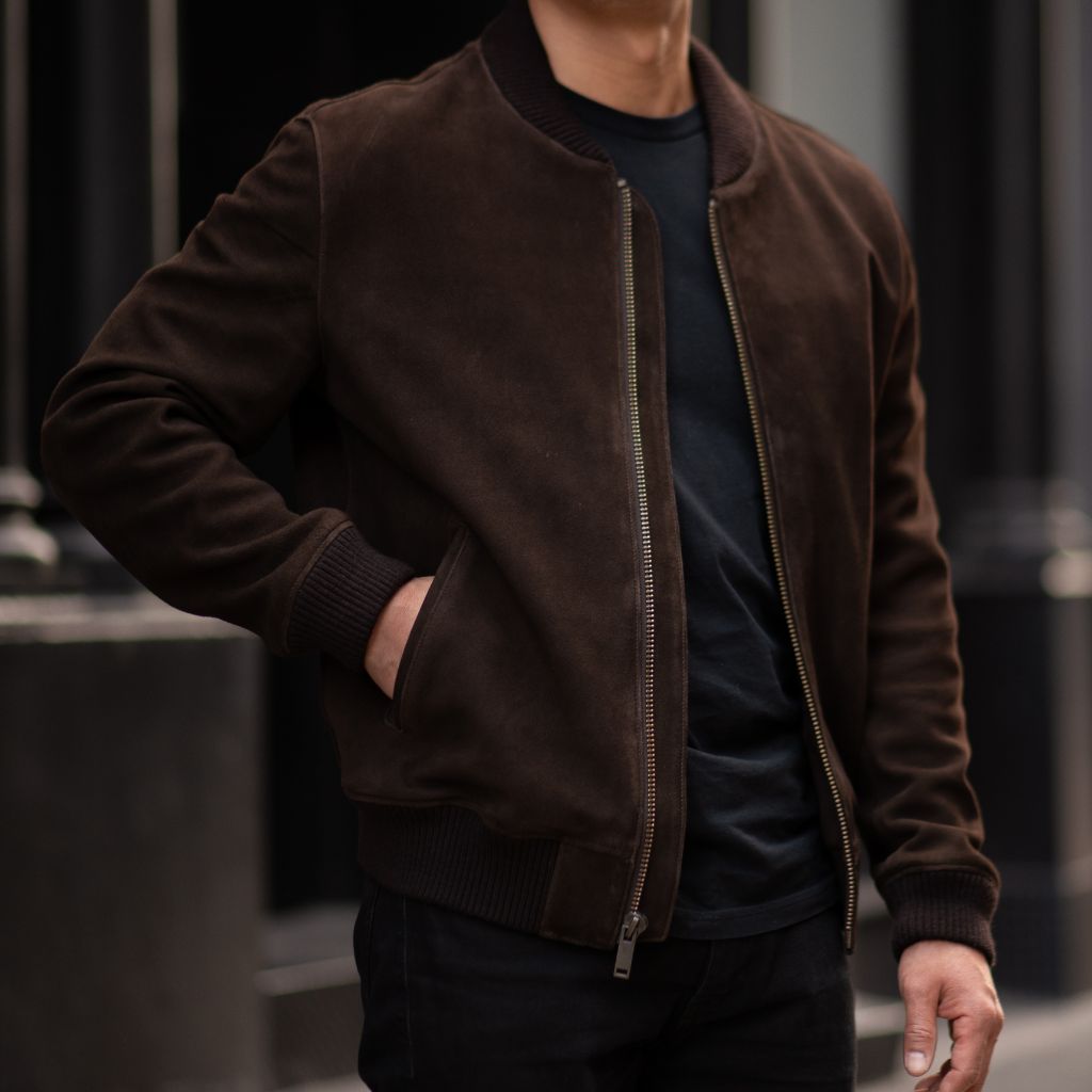 Men's Espresso Suede Bomber Jacket
