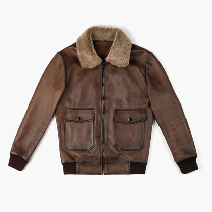 Vintage Leather Flight Jacket with Shearling Collar