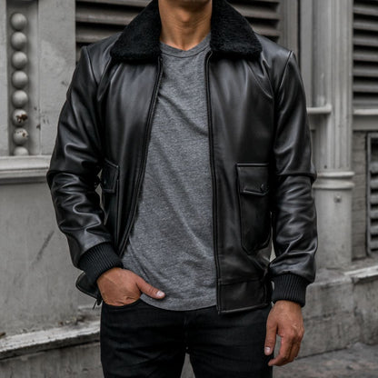 Black Leather Flight Jacket with Shearling Collar