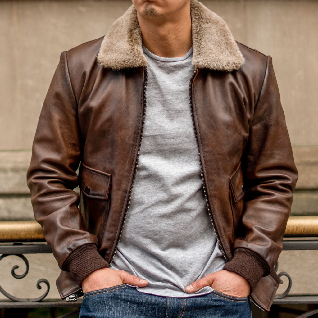 Vintage Leather Flight Jacket with Shearling Collar