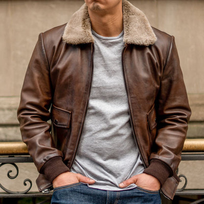 Vintage Leather Flight Jacket with Shearling Collar