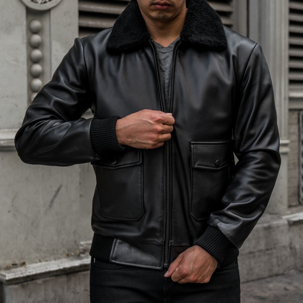 Black Leather Flight Jacket with Shearling Collar