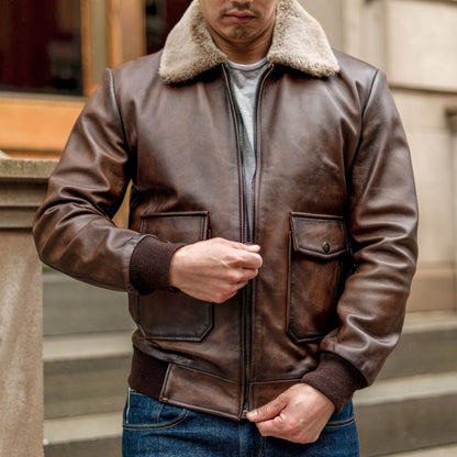 Vintage Leather Flight Jacket with Shearling Collar