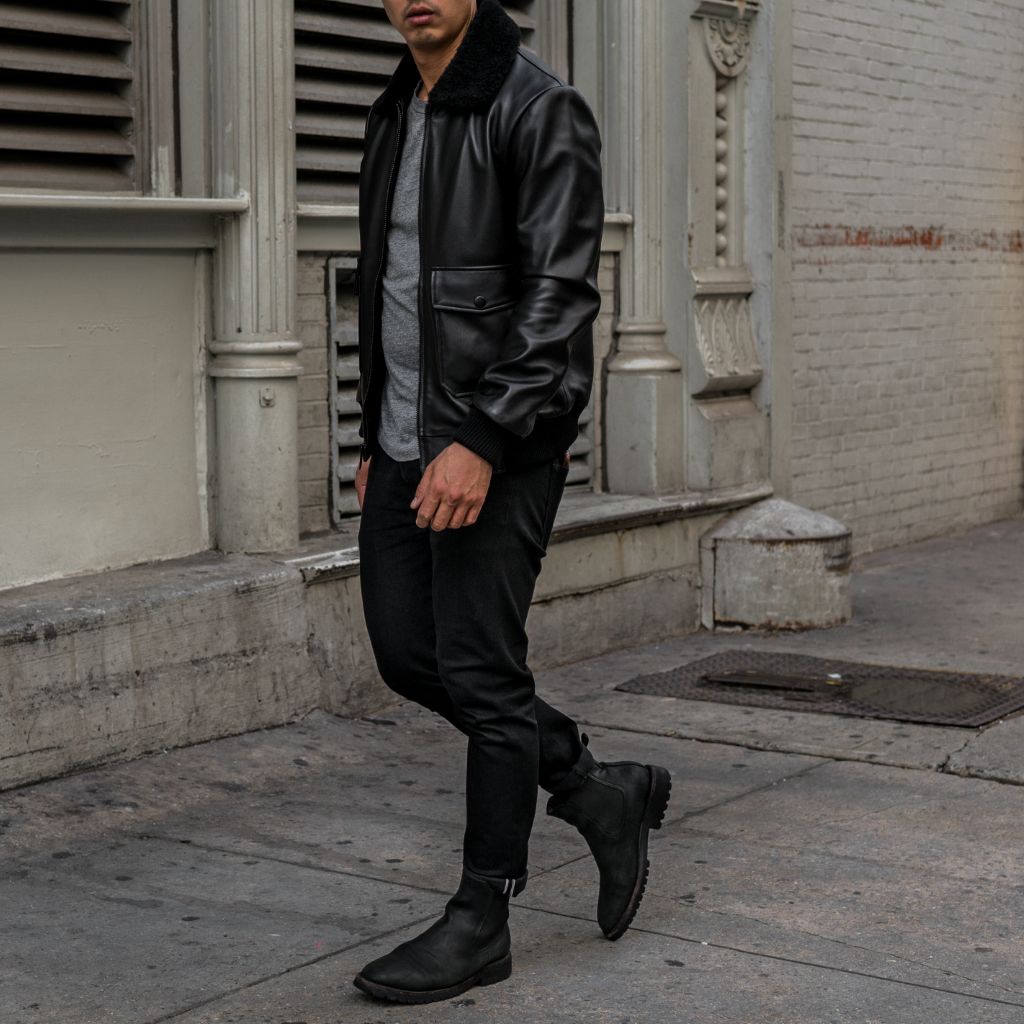 Black Leather Flight Jacket with Shearling Collar