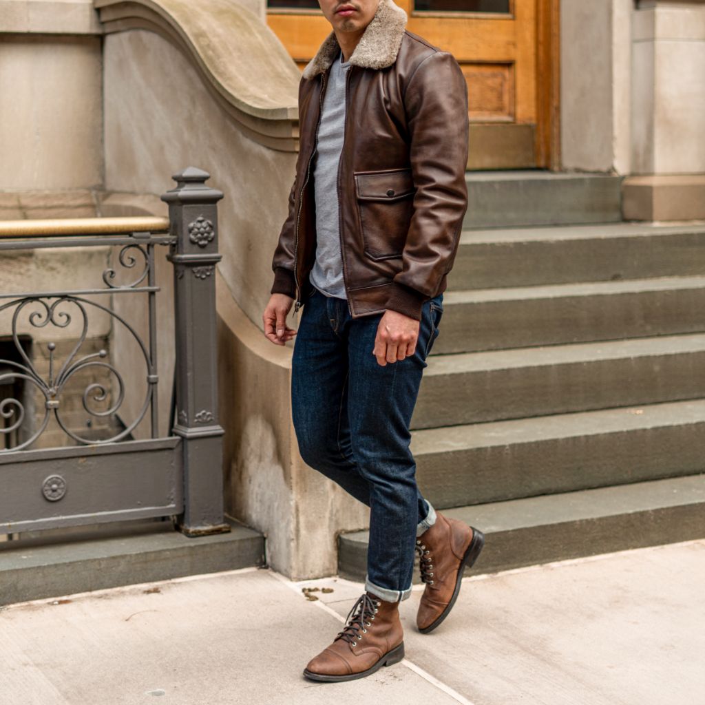 Vintage Leather Flight Jacket with Shearling Collar