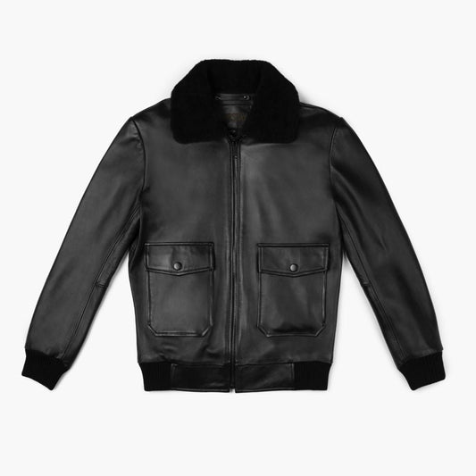 Black Leather Flight Jacket with Shearling Collar