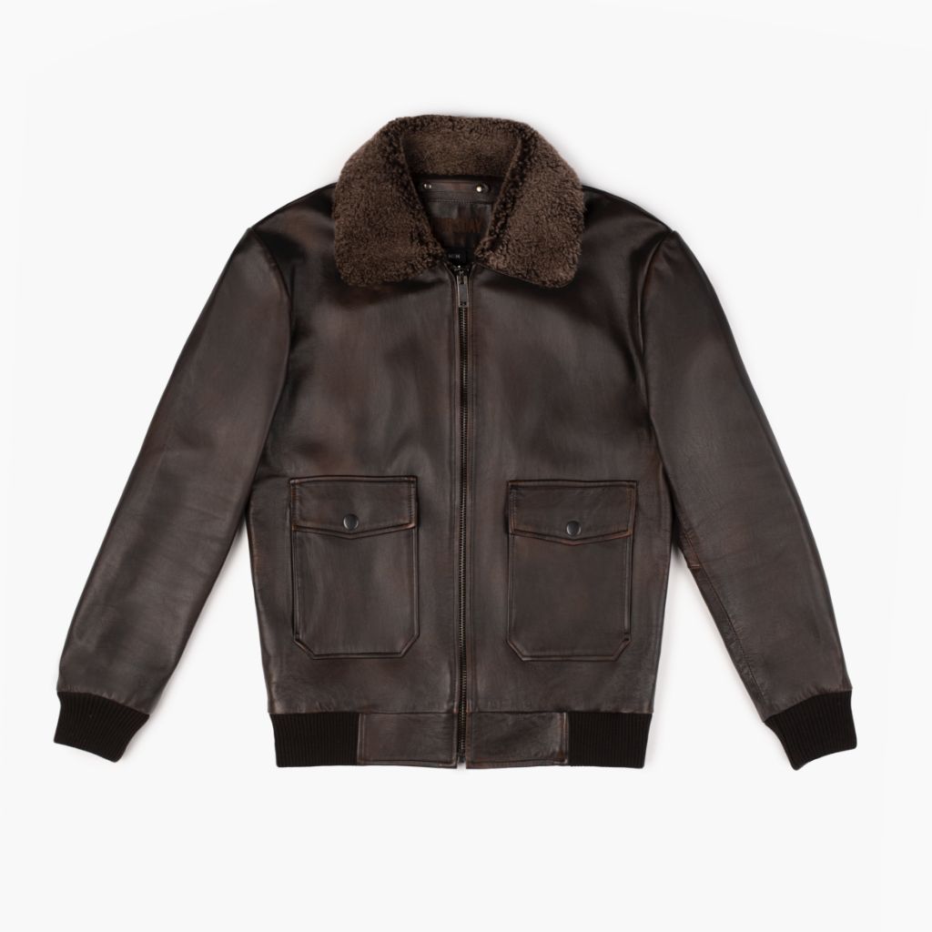 Black Coffee Leather Flight Jacket with Shearling Collar