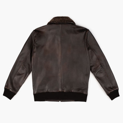 Black Coffee Leather Flight Jacket with Shearling Collar