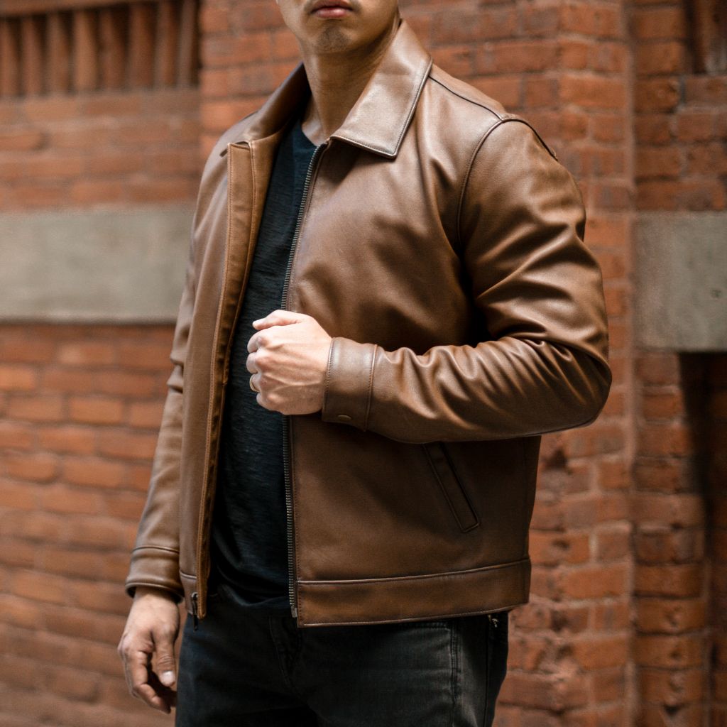 Walnut Brown Sheepskin Leather Jacket with Classic Collar