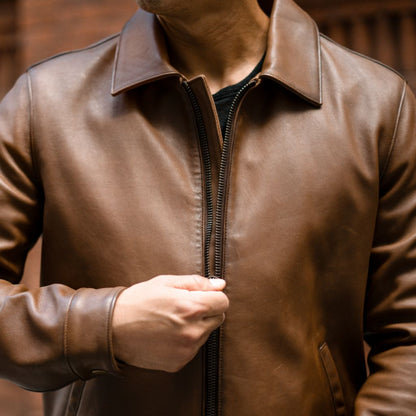 Walnut Brown Sheepskin Leather Jacket with Classic Collar