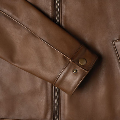 Walnut Brown Sheepskin Leather Jacket with Classic Collar