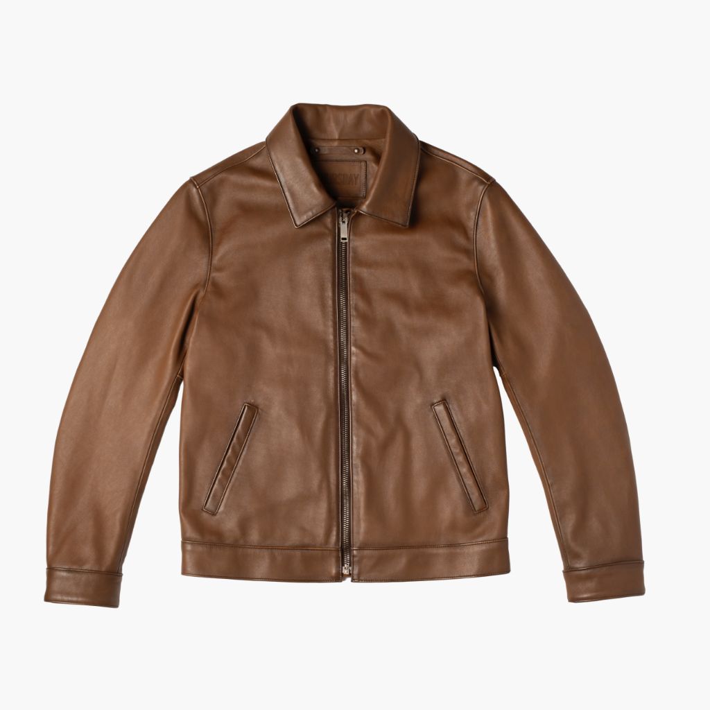 Walnut Brown Sheepskin Leather Jacket with Classic Collar