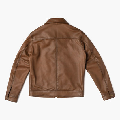 Walnut Brown Sheepskin Leather Jacket with Classic Collar