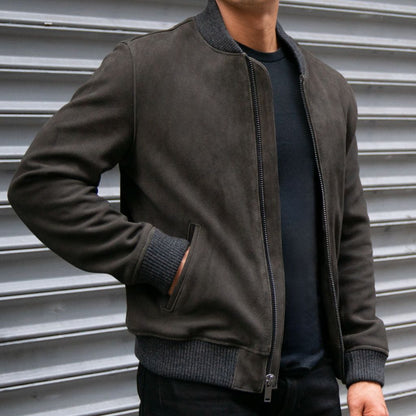 Men's Dark Grey Suede Bomber Leather Jacket