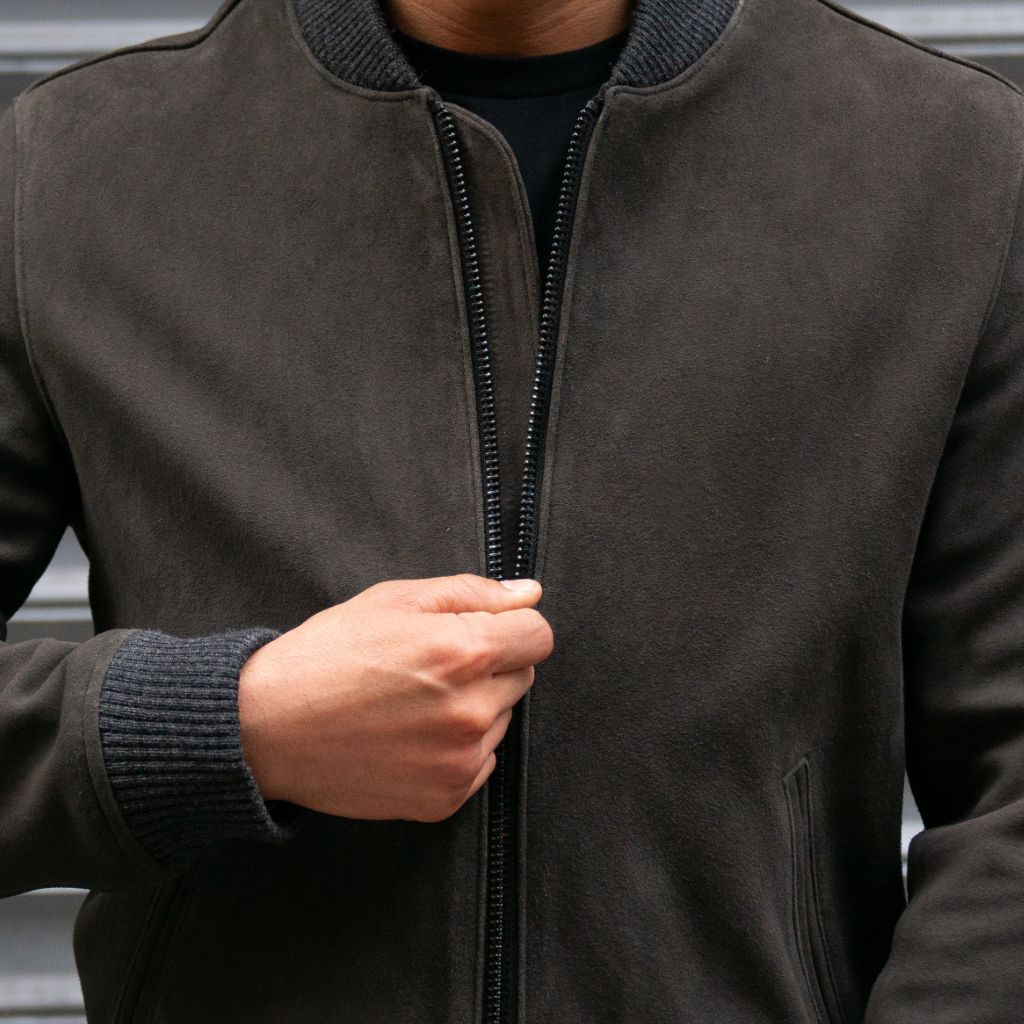 Men's Dark Grey Suede Bomber Leather Jacket