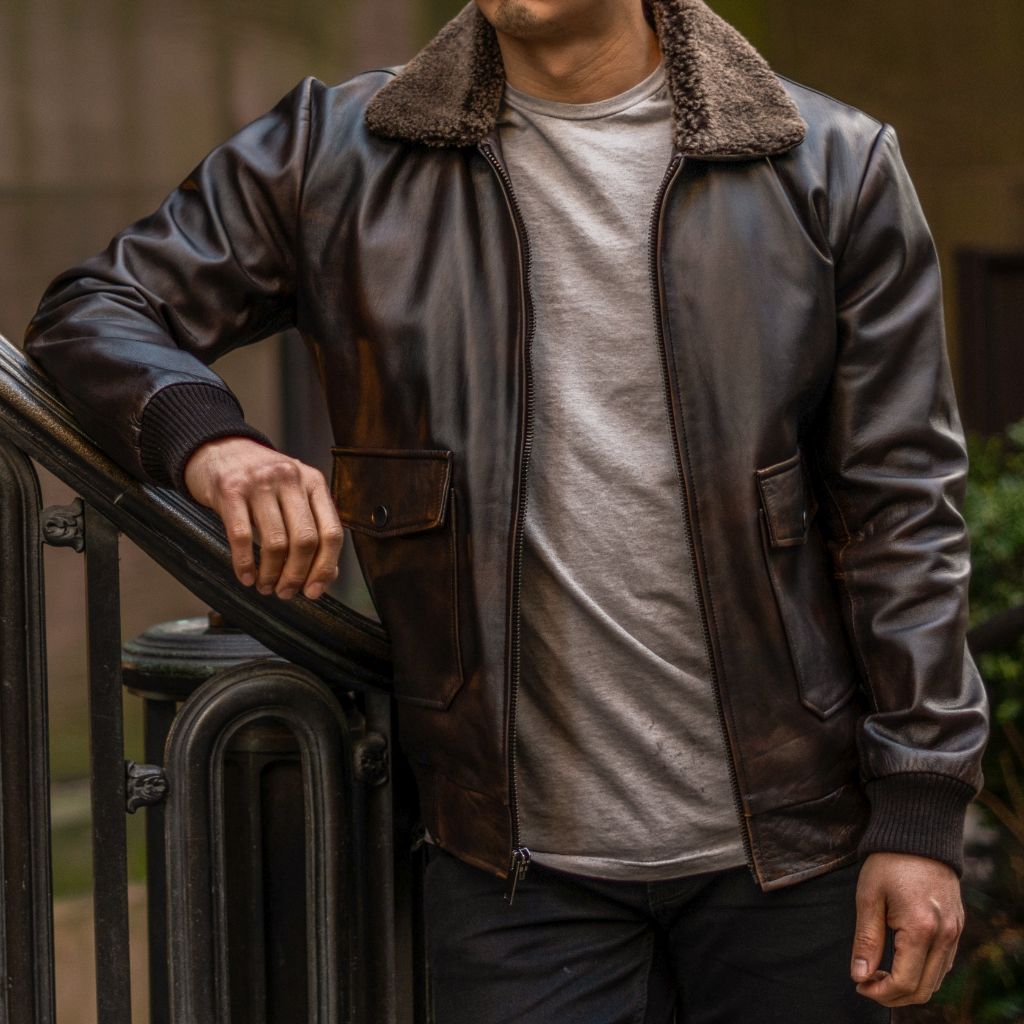 Black Coffee Leather Flight Jacket with Shearling Collar