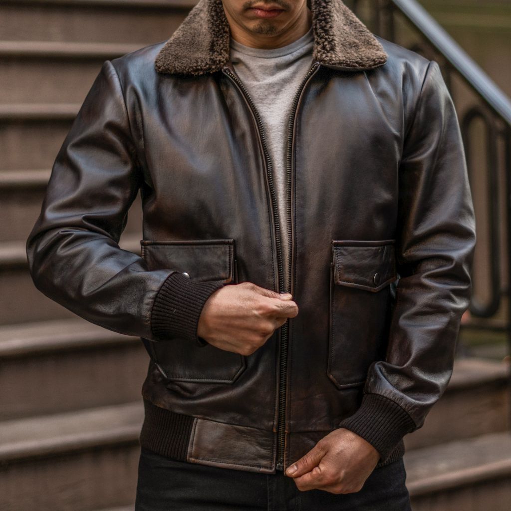 Black Coffee Leather Flight Jacket with Shearling Collar