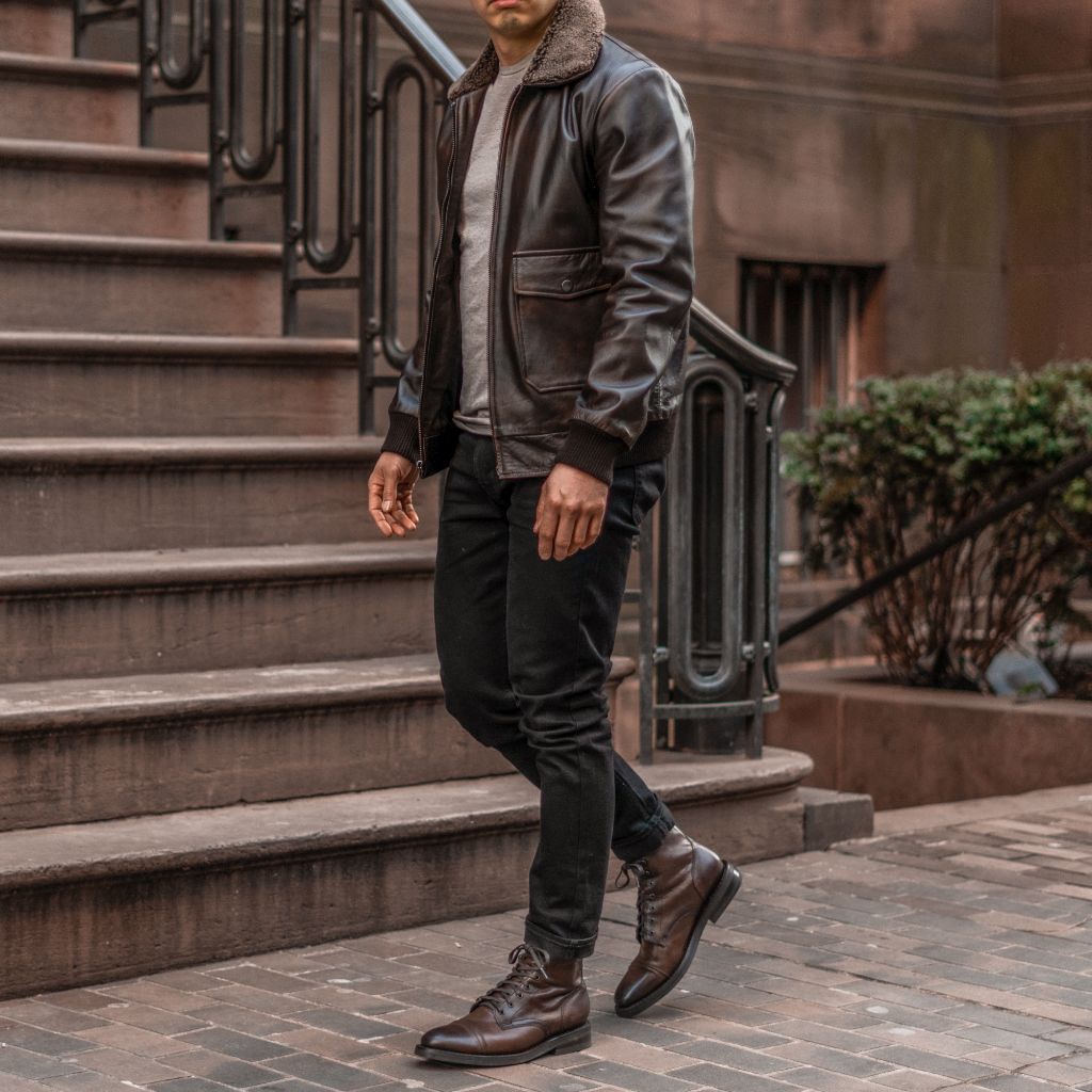 Black Coffee Leather Flight Jacket with Shearling Collar