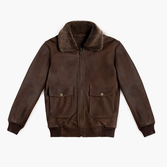 Tobacco Leather Flight Jacket with Shearling Collar