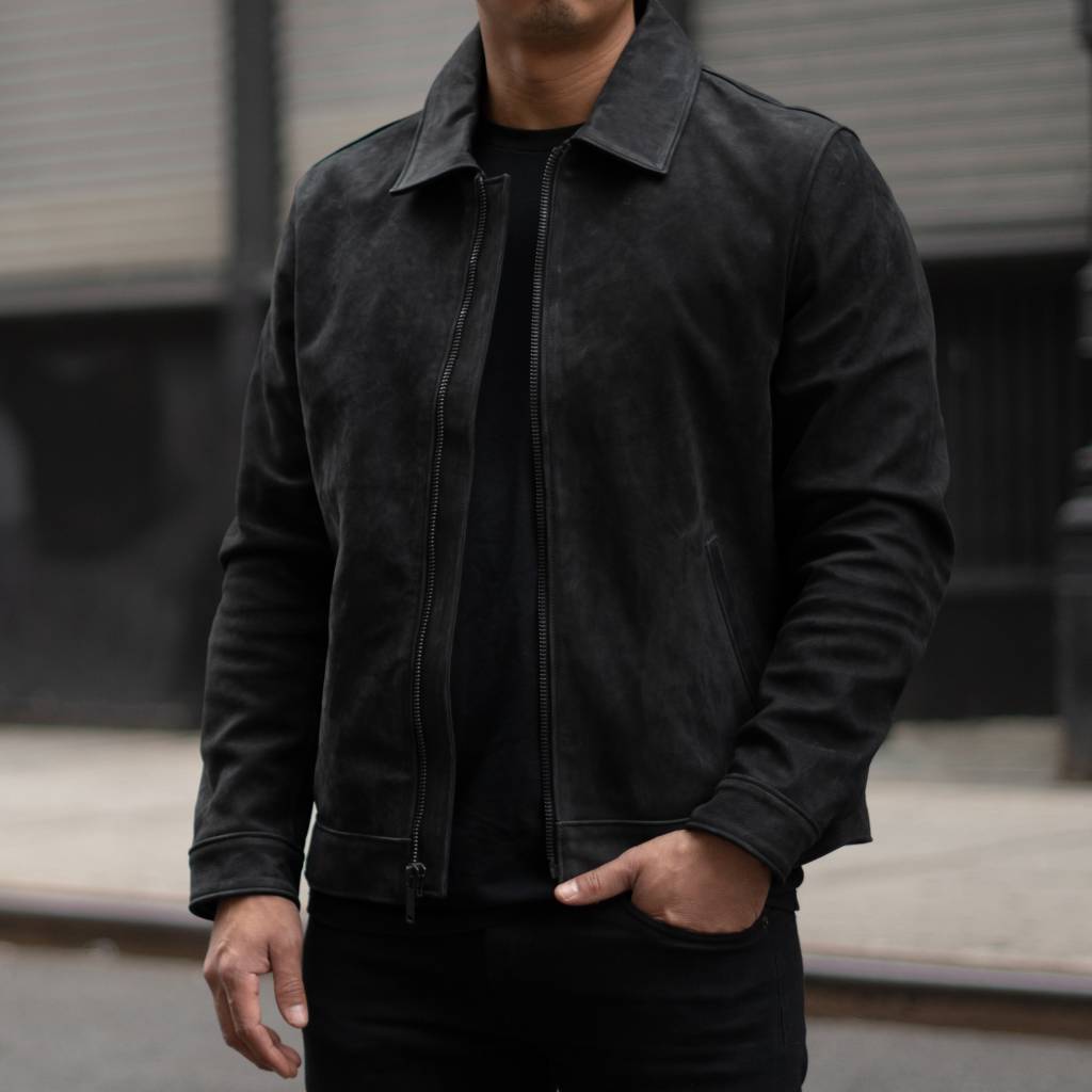 Black Matte Sheepskin Leather Jacket with Classic Collar