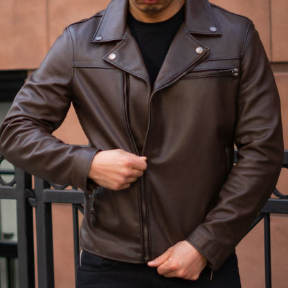 Rugged Dark Bronzy Motorcycle Leather Jacket for Men