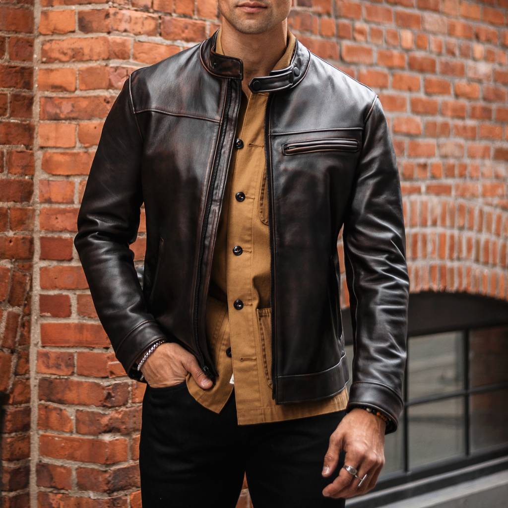 Men's Coffee Brown Leather Racer Jacket