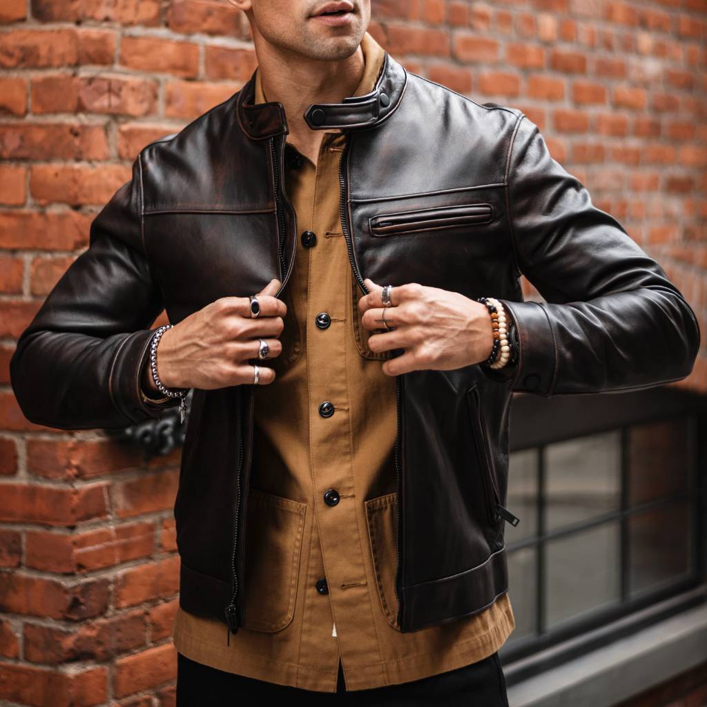 Men's Coffee Brown Leather Racer Jacket