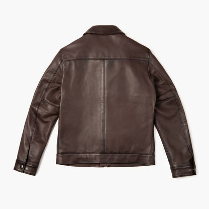 Dark Brown Sheepskin Leather Jacket with Classic Collar