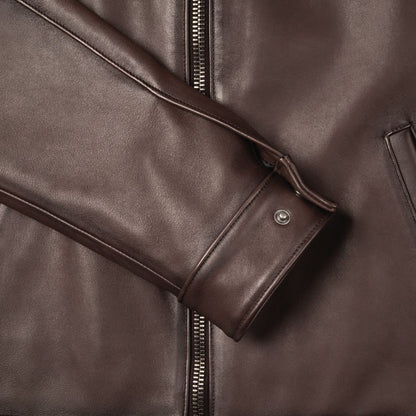 Dark Brown Sheepskin Leather Jacket with Classic Collar