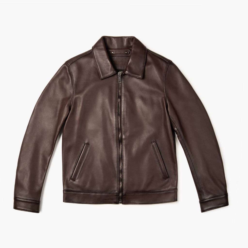 Dark Brown Sheepskin Leather Jacket with Classic Collar