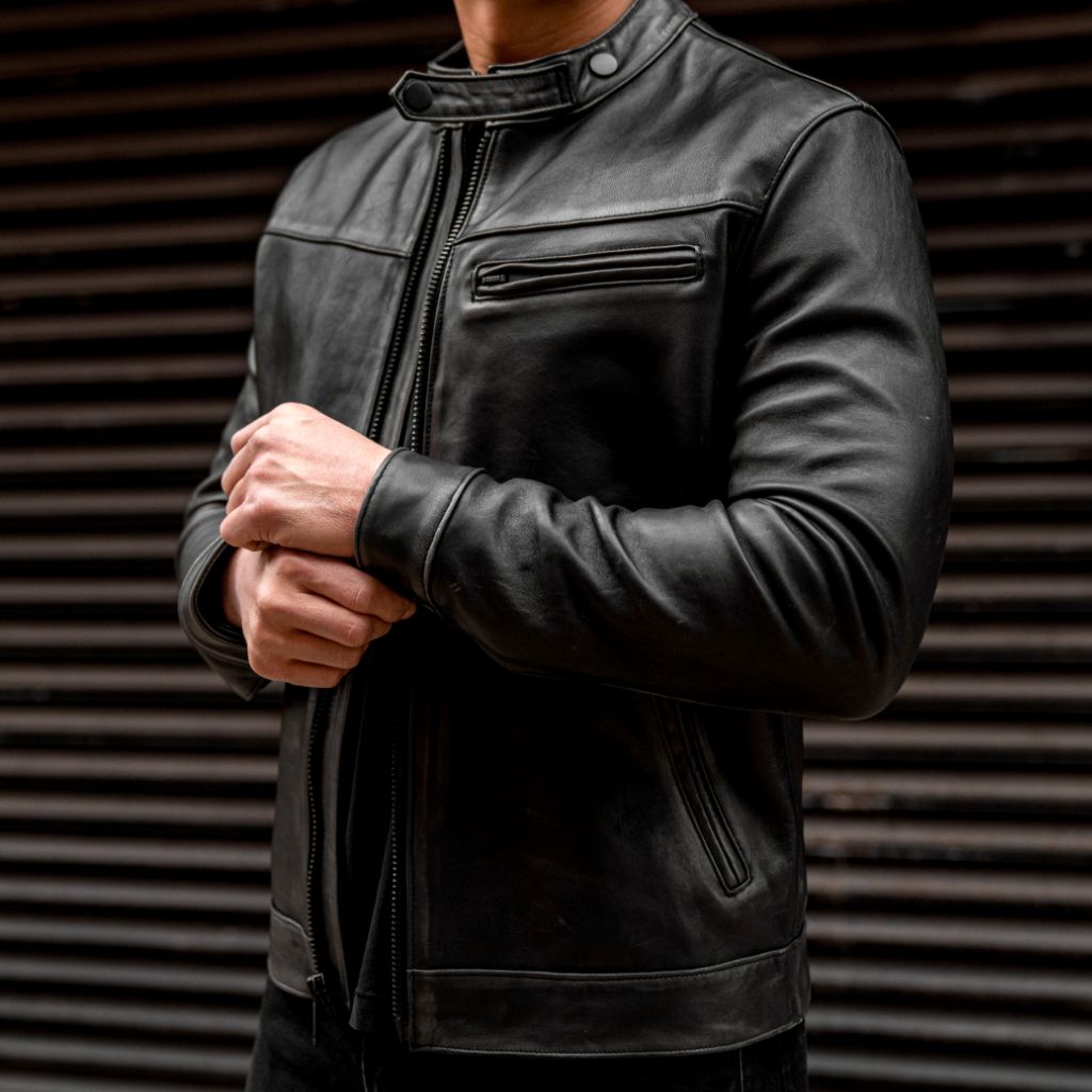 Distressed Racer Leather Jacket for Men | Black Vintage