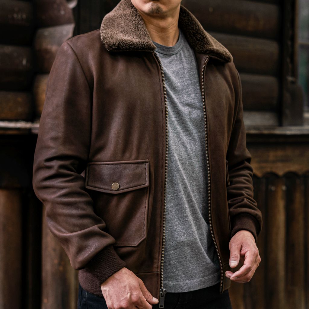 Tobacco Leather Flight Jacket with Shearling Collar