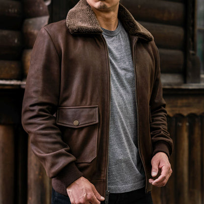 Tobacco Leather Flight Jacket with Shearling Collar