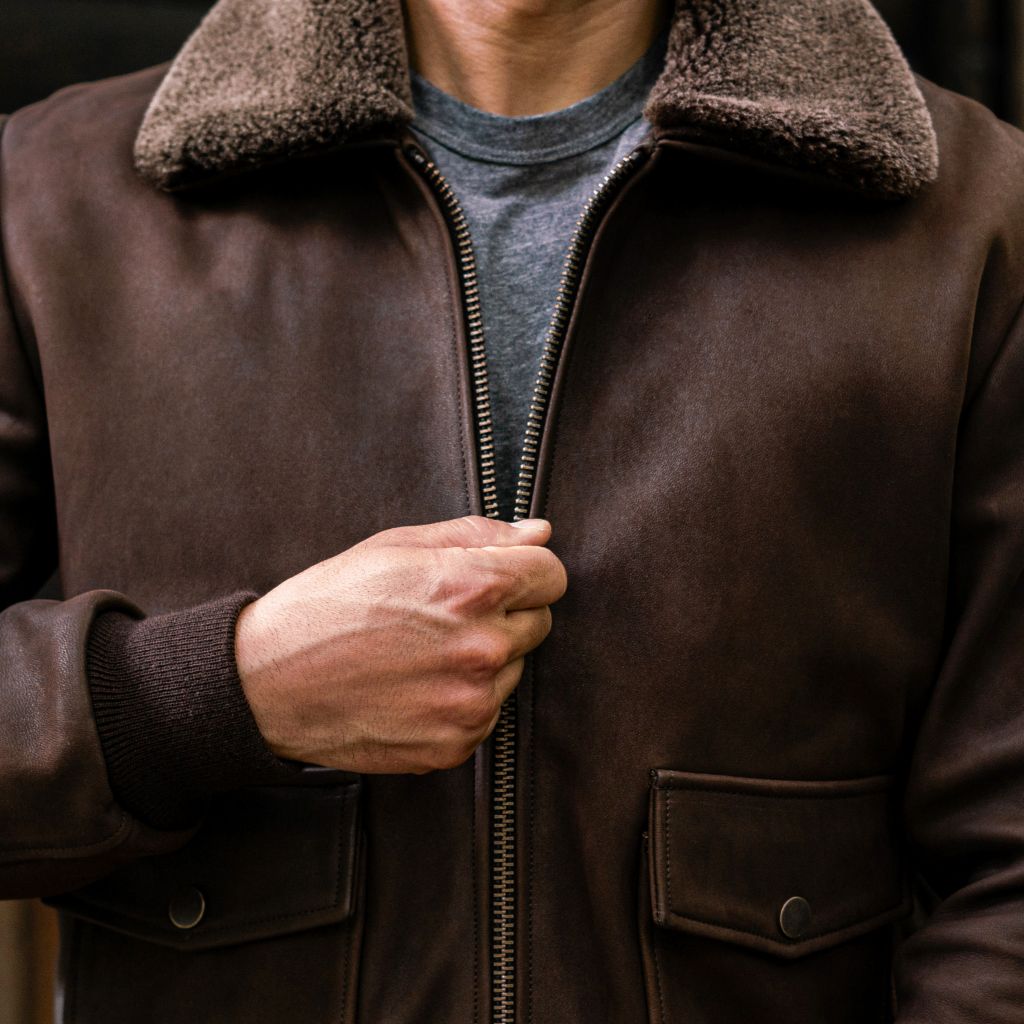 Tobacco Leather Flight Jacket with Shearling Collar