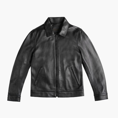 Black Sheepskin Leather Jacket with Classic Collar