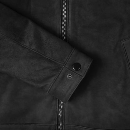 Black Matte Sheepskin Leather Jacket with Classic Collar