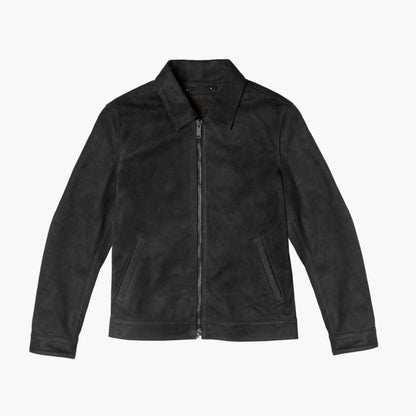 Black Matte Sheepskin Leather Jacket with Classic Collar