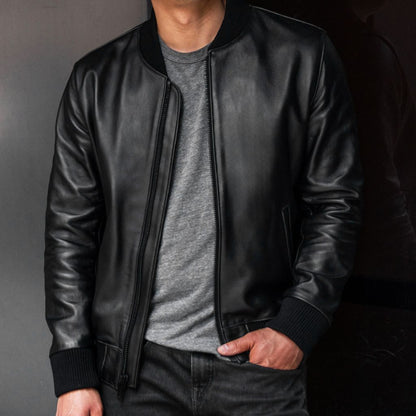 Men's Black Bomber Leather Jacket