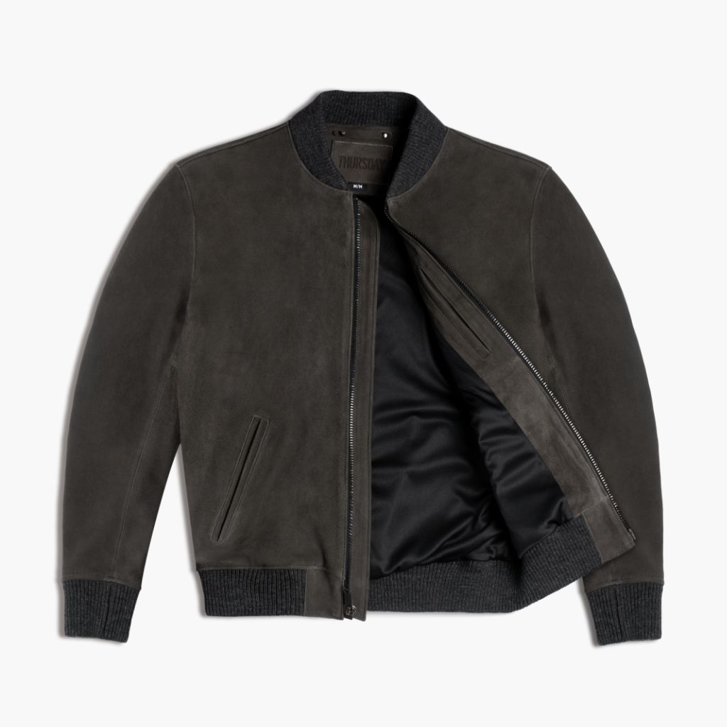 Men's Dark Grey Suede Bomber Leather Jacket