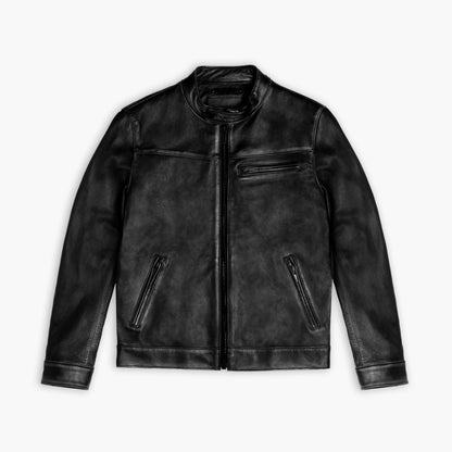 Distressed Racer Leather Jacket for Men | Black Vintage