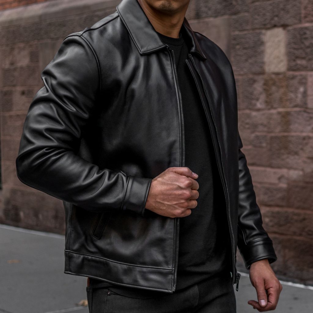 Black Sheepskin Leather Jacket with Classic Collar