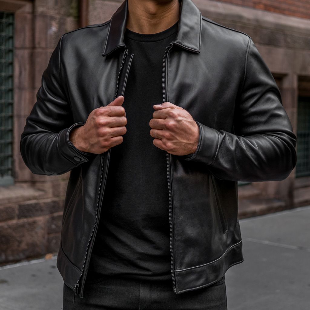 Black Sheepskin Leather Jacket with Classic Collar