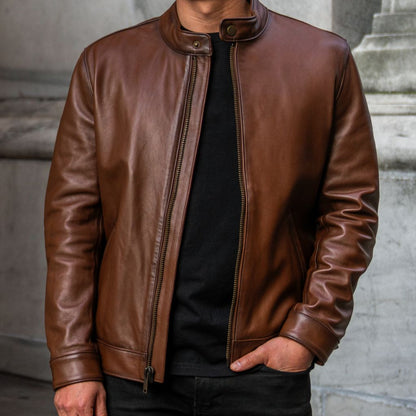 Men's Brandy Color Racer Jacket - Rich & Stylish