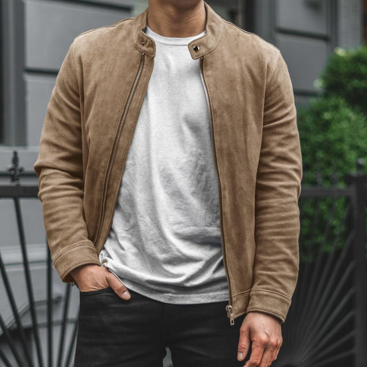 Men's Natural Suede Racer Jacket - Classic & Versatile