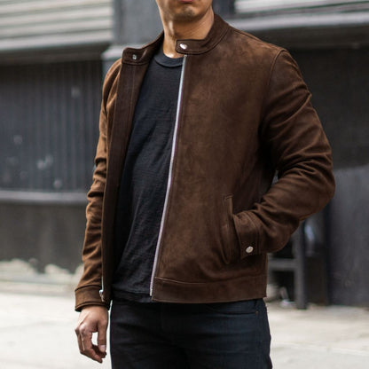 Men's Tobacco Suede Racer Jacket - Rich & Rugged Style