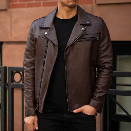 Rugged Dark Bronzy Motorcycle Leather Jacket for Men