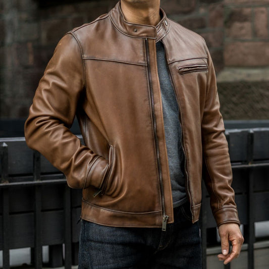 Stylish Walnut Racer Leather Jacket for Men