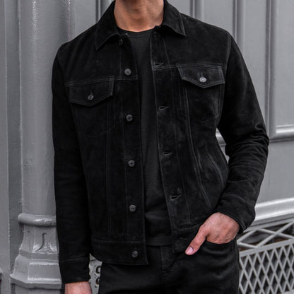 Classic Black Suede Trucker Jacket for Men