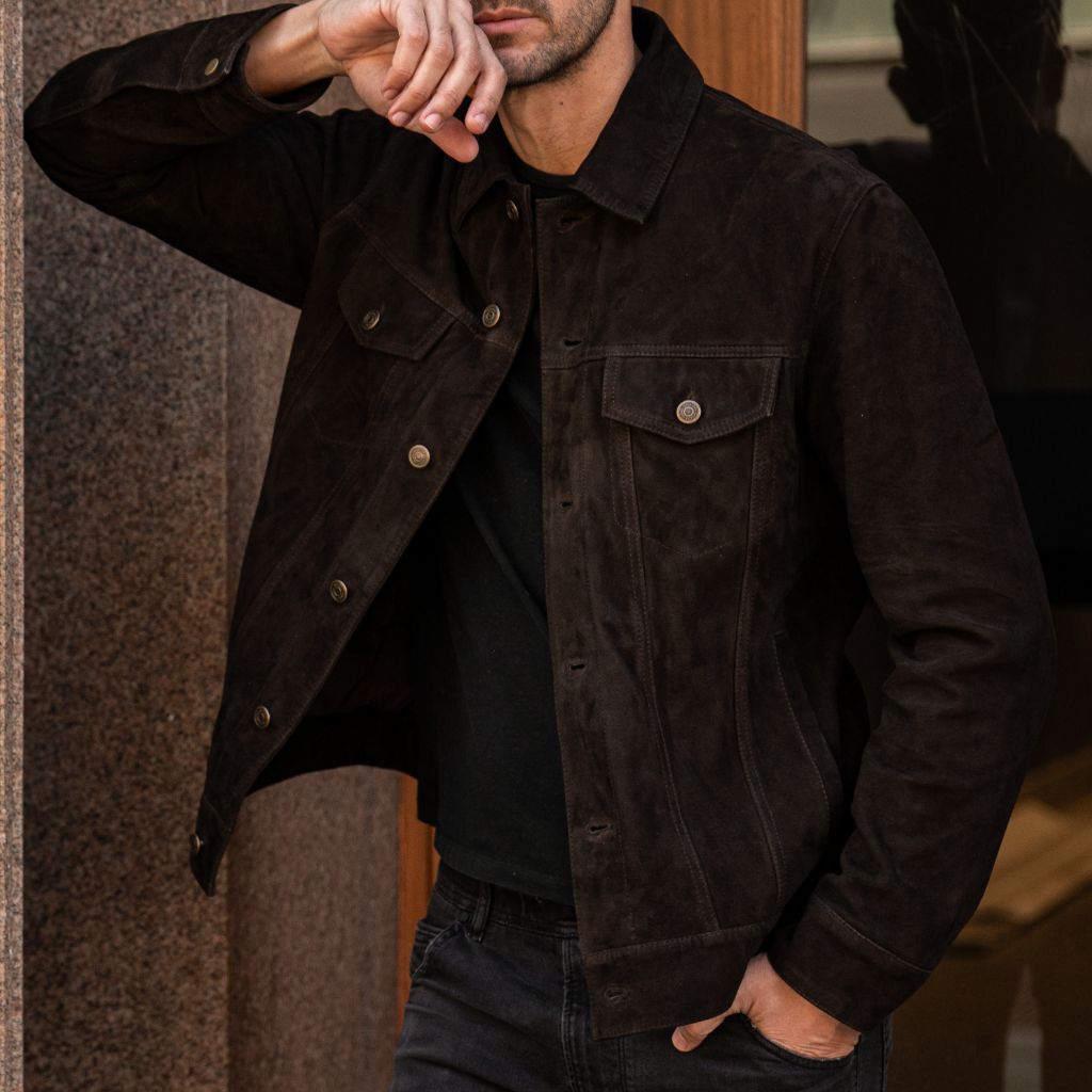 Stylish Chocolate Suede Trucker Jacket for Men